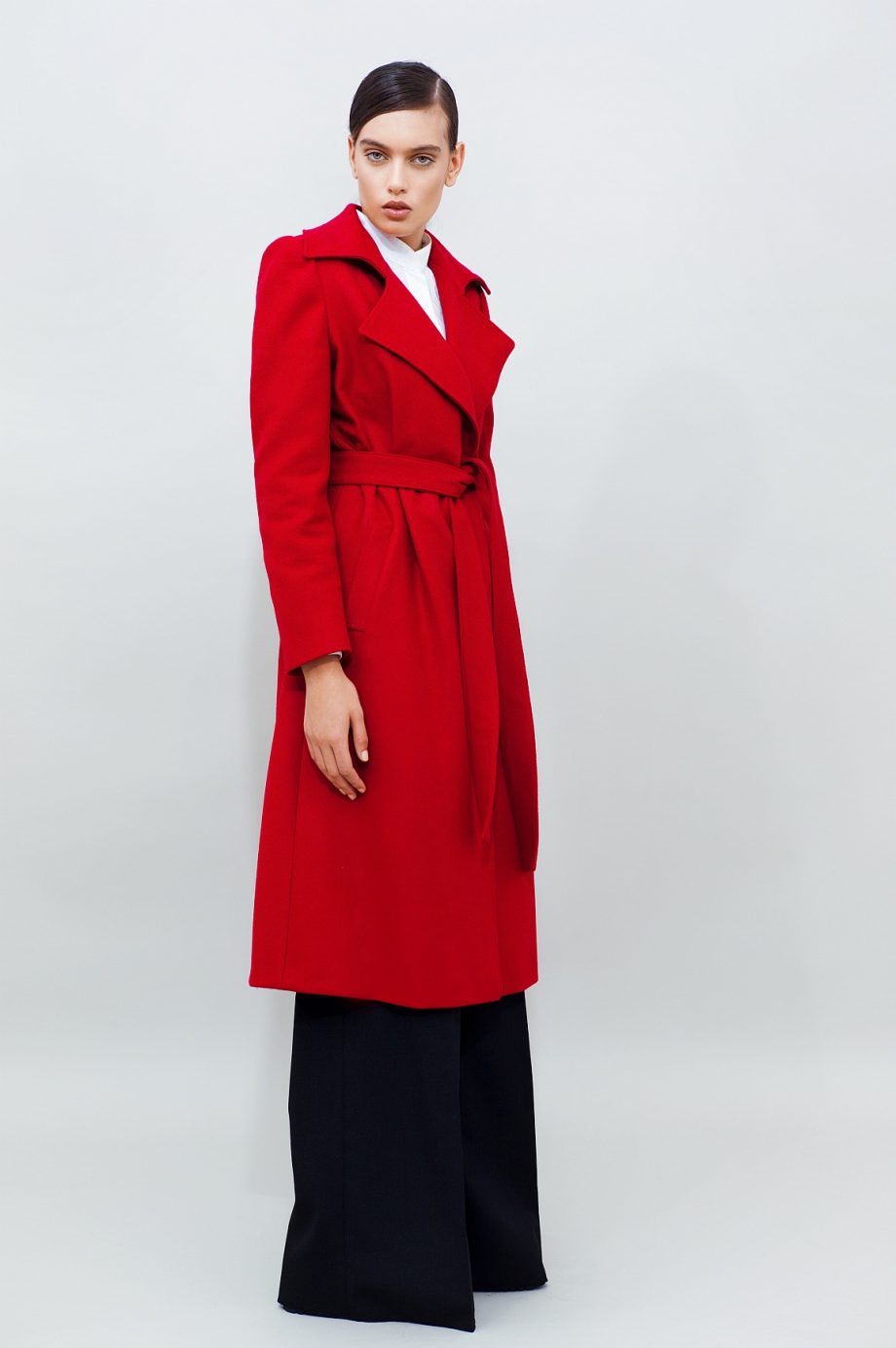 Belted Wool Coat Long Wide Leg Pants