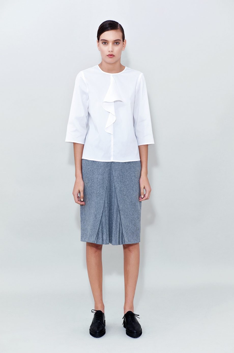 Ruffled Cotton Blouse Grey Midi Pleated Skirt
