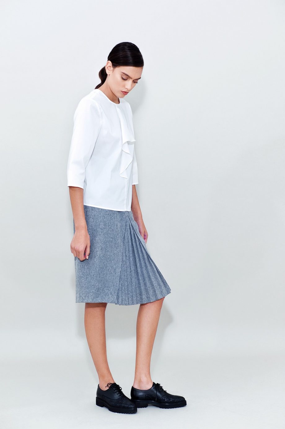 Ruffled Cotton Blouse Grey Midi Pleated Skirt