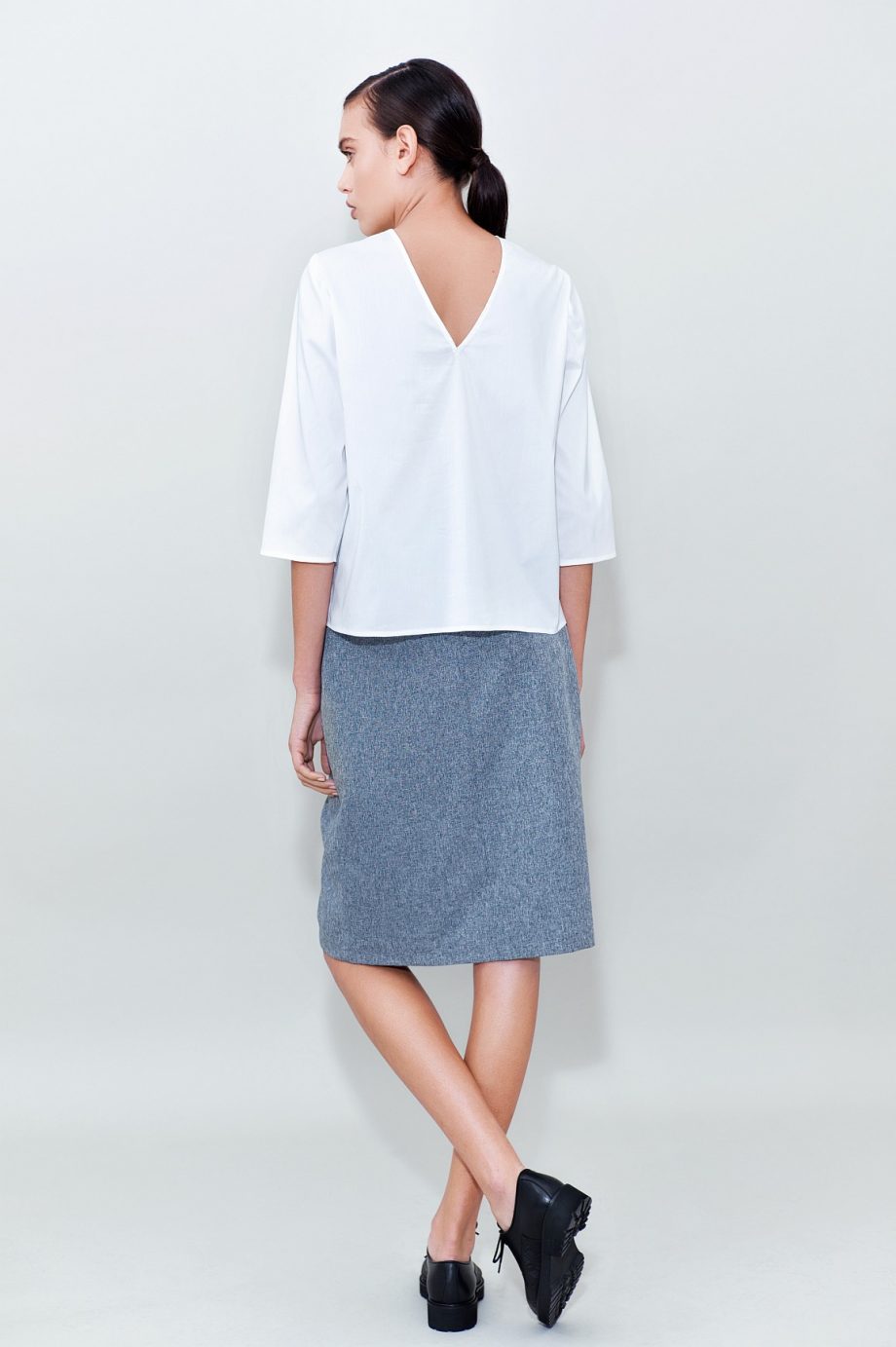 Ruffled Cotton Blouse Grey Midi Pleated Skirt