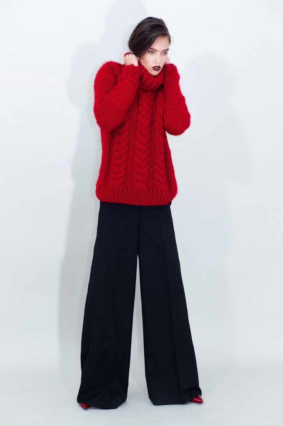 Cable Knit Wool Sweater Long Wide Leg Pants
