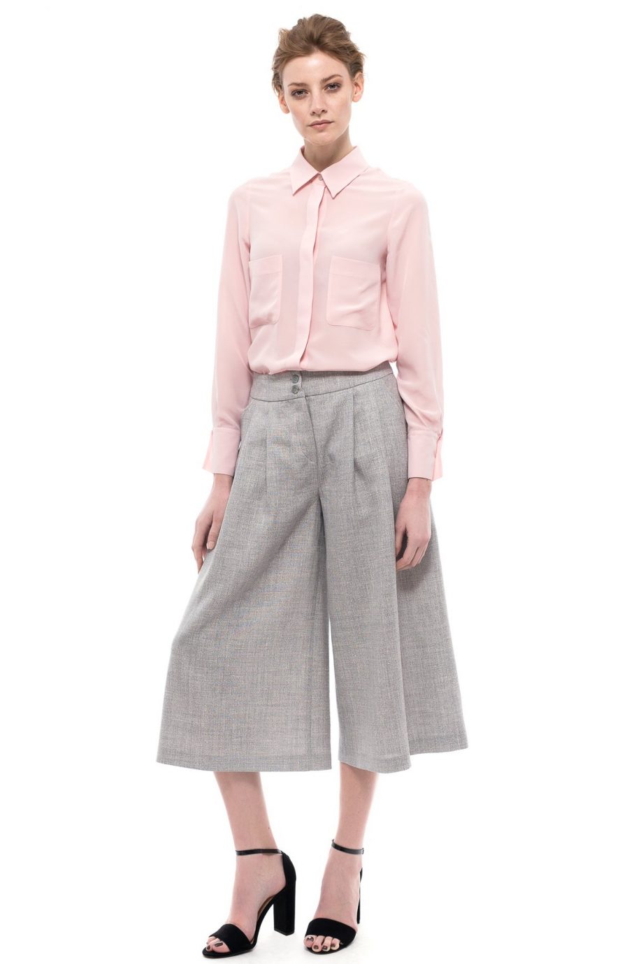 Wide Leg Midi Pants Pink Silk Shirt