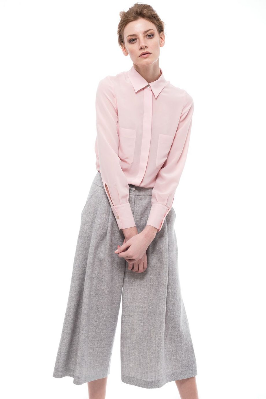 Wide Leg Midi Pants Pink Silk Shirt