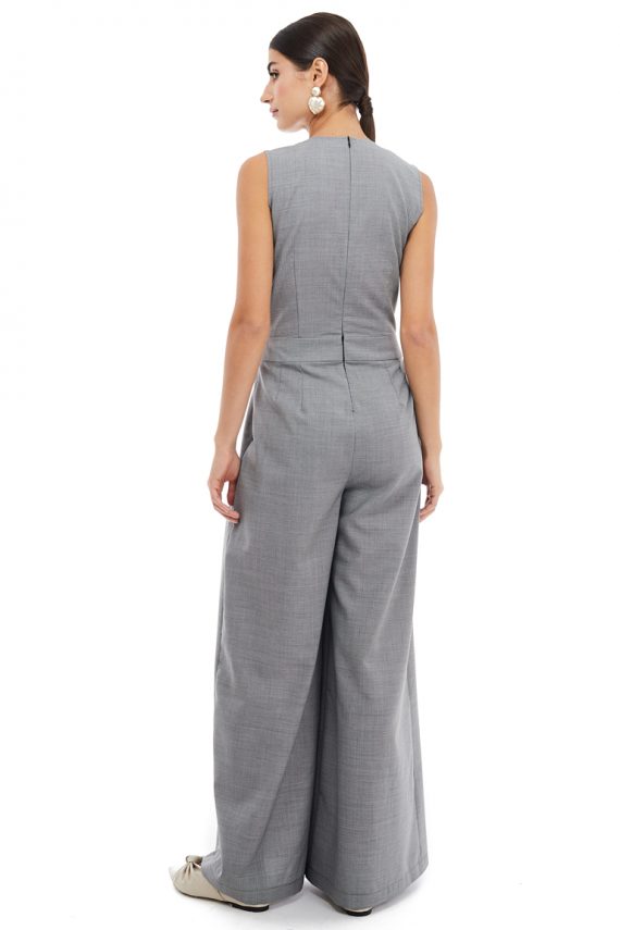 Grey Sleeveless Wool Jumpsuit - back