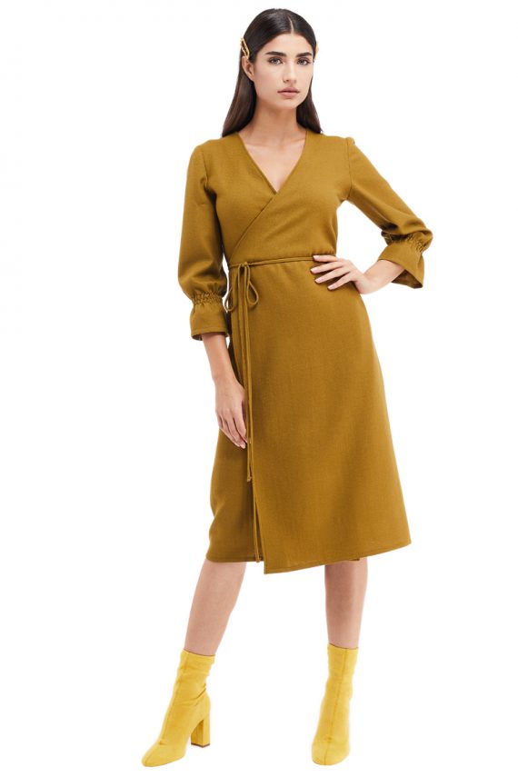 Lea Wrap Effect Wool Midi Dress